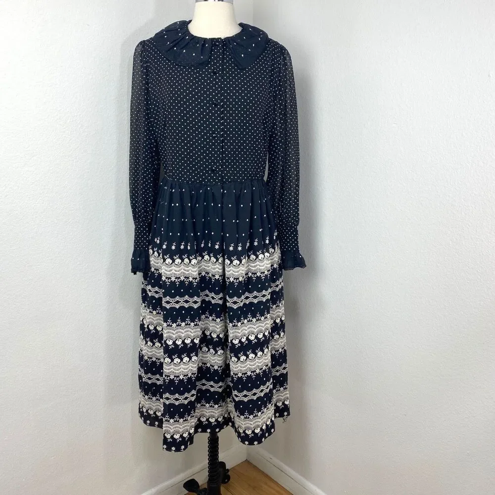 Vtg Black White Embroidered Dress XL Polka Dots Button Front Long Sleeves Boho